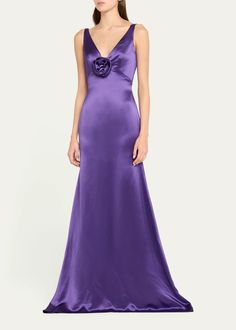 Naeem Khan Draped Satin Trumpet Gown with Flower - Bergdorf Goodman Trumpet Gown, Naeem Khan, Cocktail Jacket, Nightgowns For Women, Satin Gown, Flower Detail, Red Carpet Dresses, Vintage Glamour, Lingerie Sleepwear