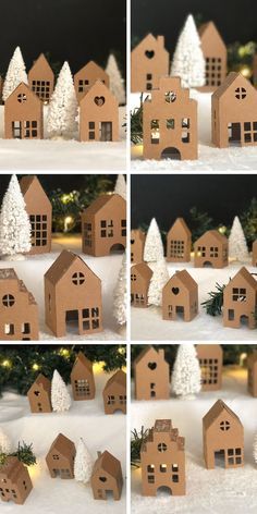 four different shots of small houses in the snow with christmas trees and lights behind them