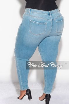 Cotton% 95 Polyester% 4 Spandex% 1 Model is wearing a 2x Plus Size Distressed Jeans, Chic And Curvy, Girlfriend Jeans, Curvy Women Jeans, Distressed Denim Jeans, Light Denim, Distressed Jeans, Distressed Denim, Denim Pants