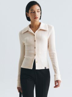 Editor's notesThis slim fitting cardigan features classic collared design and button fastenings through front. Subtle texture adds to the romantic mood.  - Soft and stretchy cotton blend fabric- Wide collar design for casual mood- Cute logo label at hem- Both casual and feminine styleComposition & Care- 68% Polyester, 20% Cotton, 7% Rayon, 5% Spandex - Dry CleaningDesigner- by CITYBREEZE Collar Cardigan Outfit, Coastal Outfit Aesthetic, Adele Dress, Cardigan Outfit, Johnny Collar, Denim Outerwear, Collar Cardigan, Ribbed Cardigan, Flounce Sleeve