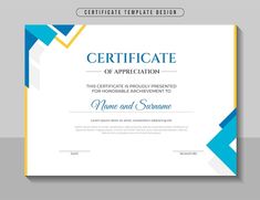 a certificate template with blue and yellow geometric shapes