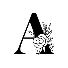 the letter a with flowers and leaves is shown in this black and white logo design