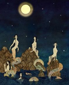 three mermaids are sitting on rocks in the ocean at night with a full moon above them