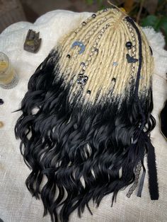 Item Details:  Handmade item    Material:  Kanekalon  Good witch set 😍✨ Crocheted dreads with long loose ends imitating natural hair!  You can take care of the tips by combing it and use a balm containing silicone The curl remains after washing and combing!  Beautiful color combination!  Hand made hair wrap includes for 50 and more pieces sets There may be some color discrepancies which is due to the different monitor settings  YOU CAN ORDER DREADLOCKS WITH A SINGLE END (SE) or DOUBLE END (DE)! Curly Dreadlock Extensions, Halloween Dreadlocks, Dread Designs, Synthetic Dreads Hairstyles, Curly Dreadlocks, Dreads Styles For Women, Dreadlocks Braids, Dreads Hairstyles, Dreadlock Wig