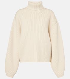 Ribbed-knit wool-blend turtleneck sweater in white - Toteme | Mytheresa Wool Turtleneck Polo Sweater, Cream Turtleneck With Ribbed Collar For Fall, Cream Funnel Neck Sweater With Ribbed Collar, Cream Sweater With Ribbed Collar And Funnel Neck, Wool Turtleneck Sweater With Ribbed Collar, Wool Turtleneck For Workwear, Wool Turtleneck For Work, Merino Wool Turtleneck Sweater With Ribbed Cuffs, Merino Wool Sweater With Ribbed Funnel Neck