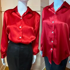 "Vintage 1980s silky feeling blouse. Shoulders are lightly padded. 100% polyester. Condition: Excellent Measurements (approx.+ laid flat): Shoulder-shoulder:15\" Pit-pit:21\" Sleeve:17.5\" Total length:30.5\" Follow us on IG for more shop updates @modern_m_vintage Check out our other listings: https://www.etsy.com/shop/ModernMilieuVintage Measurements are taken flat. Double bust(or pit), hips and waist measurements for complete measurement.  Color may look different in person than in the photo due to lighting. Condition: All items are pre-owned so expect some wear across all condition levels. ALL SALES FINAL" Luxury Red Collared Blouse, Cheap Red Office Blouse, Cheap Red Business Shirt, Luxury Red Business Shirt, Luxury Red Blouse For Workwear, Luxury Collared Red Blouse, Luxury Fitted Red Blouse, Luxury Red Silk Blouse, Luxury Red Slub Silk Blouse Piece