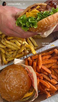 a hamburger and french fries are shown in two separate photos, one is half eaten