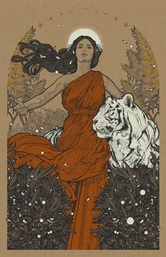 a woman in an orange dress standing next to a white tiger on a brown background