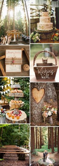 a collage of photos showing different types of wedding cakes and desserts in the woods