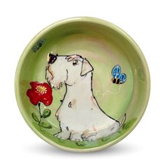 Hand-painted green ceramic bowl with a Sealyham Terrier Dog Bowl Painting Ideas, Painting Pottery Plates, Ceramic Dog Bowl Painting Ideas, Painted Pottery Pet Bowl, Dog Ceramic Bowl, Hand Painted Dog Bowl, Sealyham Terrier, Beach Artist, Pottery Plates