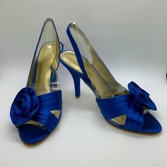 Never Worn New In Box Style Is Juliarae Blue Satin Heels, Tassel Dress, Long Sleeve Evening Gowns, Satin Heels, Nine West Shoes, Blue Satin, Nine West, Royal Blue, Shoes Women Heels