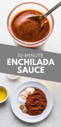 the ingredients to make enchilada sauce are shown in bowls with spoons