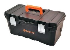 a black and orange tool box with an orange handle