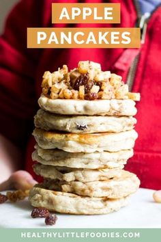 a stack of pancakes on top of each other with the words apple pancakes above it