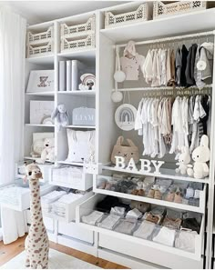 a baby closet with lots of toys and items on it's shelves, including a stuffed giraffe