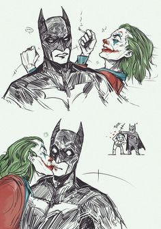 two drawings of batman and the joker, one with his head on top of another