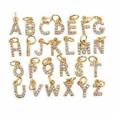 Pendant letter , Micro Pave Bead / CZ Bead / Clear Nami Cubic Zirconia metal /Jewelry Making Color: 18k Shiny Gold Plated Quantity : Optional ☆Size: As pirture ☆Link Hole Size: 2.0mm ☆Metal Material: Copper ☆Metal Finish Color: Gold Plated ☆Plating：Real Gold ,Nikel free, Leadfree,Cadmium free，3 Times Fine Polishing Mirror Finish Plated , not easy to fade  !! Usage : Bead for bracelet, necklace or other crafts Dear guest: Thank you for entering our store. For US Customers Ordering over $35, We Wi Letter Necklace Silver, Diy Jewelry Pendants, Initial Name, Letter Pendant Necklace, Jewelry Making Necklace, Cubic Zirconia Jewelry, Name Jewelry, How To Make Necklaces, Letter Charms