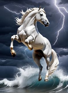 a white horse standing on its hind legs in front of a stormy sky with lightning