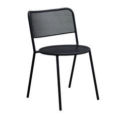 a black stacking chair on a white background with the seat up and one arm down