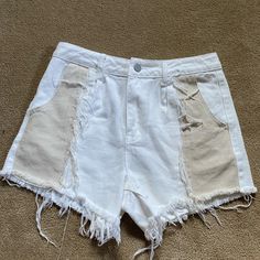 Tan And White Patchwork Distressed Jean Shorts. Never Worn. S White Patchwork Bottoms For Spring, Casual White Bottoms With Patchwork, White Patchwork Shorts For Summer, Casual White Patchwork Bottoms, White Patchwork Short Bottoms, High Waist Cotton Patchwork Shorts, White Cotton Cutoff Shorts, Jean Patchwork, Shein Shorts