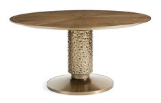 a round wooden table with an intricate design on the top and metal base, against a white background