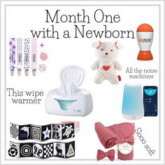 an advertisement for a new born baby's diaper and accessories, including a teddy bear