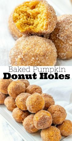 baked pumpkin donut holes are stacked on top of each other