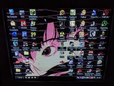 a computer screen with an anime character on it's display area and many other icons