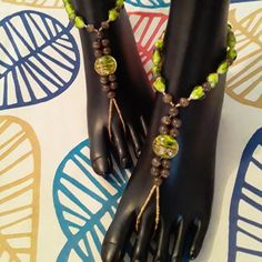 Handmade Beaded Barefoot Sandals Green Brown, Green And Brown, Womens Swim, Sandals, Green, Women Shopping, Color