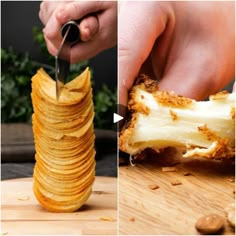 a person cutting up some food on top of a wooden table