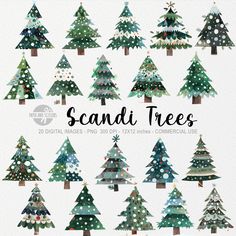 christmas trees with snow on them and the words scandi trees in different colors are shown