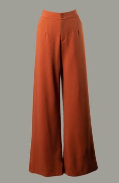 Women's wide leg high rise rust pants with front zipper and button Rust Pants Cream Top, Cheap Red Workwear Bottoms, Cheap Orange Wide Leg Bottoms, Affordable Orange Trousers, Tops For Flare Courdoroy Pants Office, Luxury Casual Orange Bottoms, Affordable High-waist Orange Pants, Colorful Couteroy Pants, Luxury Orange Casual Bottoms