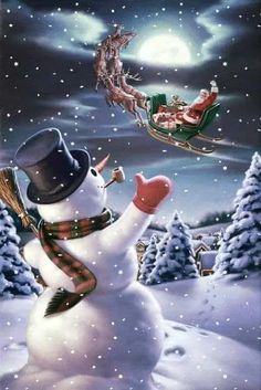 a snowman with santa claus sleigh flying in the sky