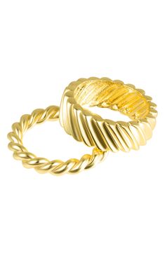 Bring polished shine to your stack with this set of 14-karat gold-plated rings including cable-textured and twisted bands. Set of 2 3.5mm & 7.5mm band width 14k-gold plate Imported Rings In Gold, Twisted Band Ring, Twisted Band, Gold Plated Rings, Womens Jewelry Rings, Rings Statement, Band Rings, Nordstrom Rack, Jewelry Collection