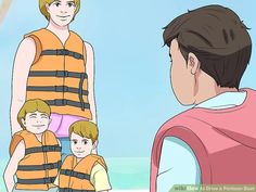 a man in life vest standing next to two boys