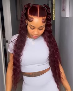 Burgundy Curly Frontal Wig, Burgundy Hair Weave, Burgundy Up Down Hairstyle, Two Ponytail Frontal Hairstyles, Lace Front Hairstyle Ideas, Wig Hairstyles Two Ponytails, Frontal Two Ponytail Hairstyles, Burgundy Lace Front Wig Styles, Two Ponytails With Wig