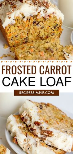 frosted carrot cake loaf on a white plate