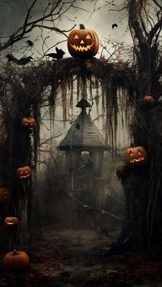 a halloween scene with pumpkins on the ground