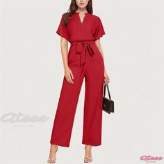 Qteee - Solid Color Collared Long Sleeve Jumpsuit with Waist Belt Collar Jumpsuit, Pleated Jumpsuit, Cloth Belt, Green Jumpsuit, Long Sleeve Jumpsuit, Denim Patchwork, Retro Chic, Casual Denim, Waist Belt