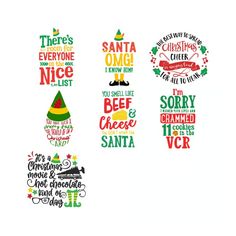 three christmas sayings are shown in different styles and colors, including one with an elf's hat