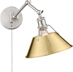 a wall light with a metal shade on the side and a white background behind it