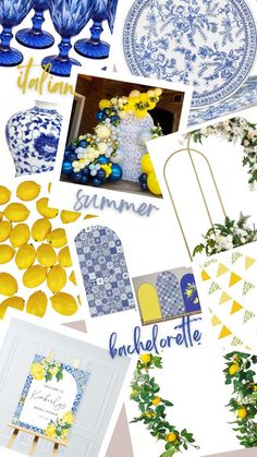 blue and yellow collage with lemons, flowers, plates, and other items