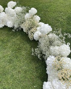 some white flowers are laying on the grass