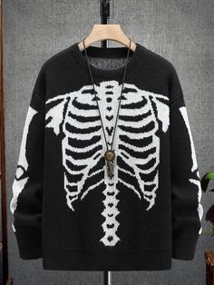 Black Casual Collar Long Sleeve Fabric Halloween Pullovers Embellished Slight Stretch  Men Clothing Skeleton Pattern, Halloween Sweater, Drop Shoulder Sweaters, Plus Size Sweaters, Knitwear Men, Mode Inspo, Street Wear Urban, Really Cute Outfits, Dream Clothes