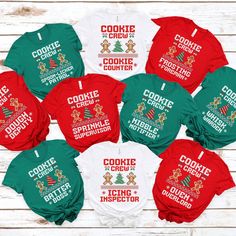 Shop with Confidence! We are a 5-Star Rated Shop! Step up your Chritmas Cookie Marathons by stepping into these  "Christmas Cookie Crew" t-shirts! These eye-catching shirts feature a bold, on-style design and funky font. Available in a variety of colors these shirts ensure every baking member looks stylish while celebrating their unique bond. Made from high-quality, comfortable fabric, they are perfect for family gatherings, reunions, or just showing off cookie crew pride in everyday life. From Cookie Crew Shirt, Chritmas Cookies, Noel Cookies, Ugly Sweater Cookie, Cookie Shirt, Funky Fonts, Cookie Decorating Party, Cousin Crew, Holiday Cookie