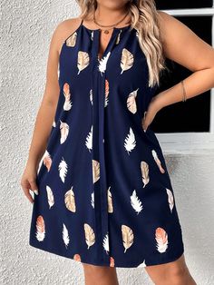 Navy Blue Casual Collar Sleeveless Woven Fabric Tribal Cami Embellished Non-Stretch  Women Plus Clothing Fancy Short Dresses, 2piece Outfits, Fresh Dress, Short African Dresses, Camisole Dress, African Print Fashion Dresses, Classy Casual Outfits, Dresses Ideas, Short Dresses Casual