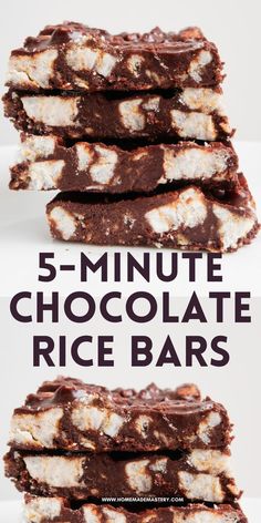 five chocolate rice bars stacked on top of each other with the text 5 - minute chocolate rice bars