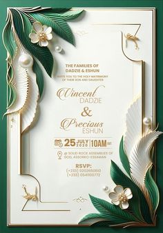 an elegant wedding card with green leaves and white flowers on the front, in gold foil