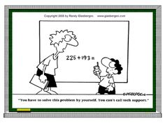 a cartoon depicting a woman teaching a boy how to solve a problem on a blackboard