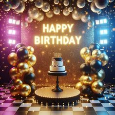 a birthday cake sitting on top of a table in front of balloons and disco lights